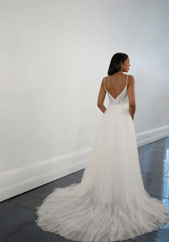 1511 Ethereal Tulle Spaghetti Strap A-Line Wedding Dress with High Skirt Slit  by Martina Liana
