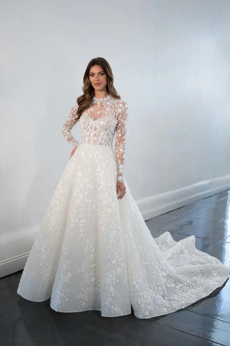 1517 Modest Long Sleeve Lace A-Line Wedding Dress with High Neckline  by Martina Liana