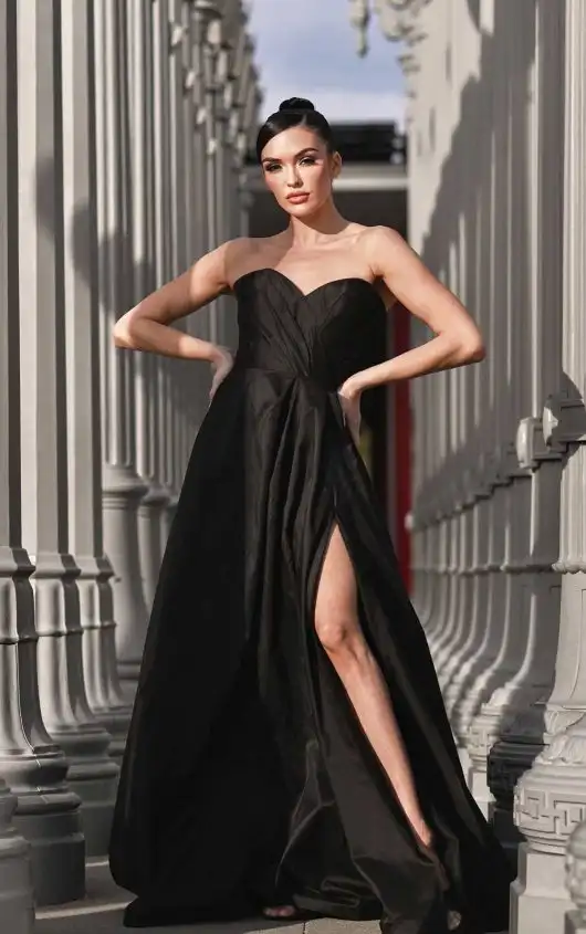 Strapless Black Silk A-Line Wedding Dress with Skirt Split and Bow Detail, 1524BLK, by Martina Liana
