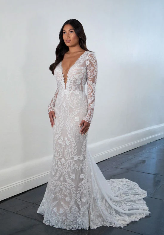 1525 Glamourous Long Sleeve Lace Column Wedding Dress with Sparkle Underlay  by Martina Liana