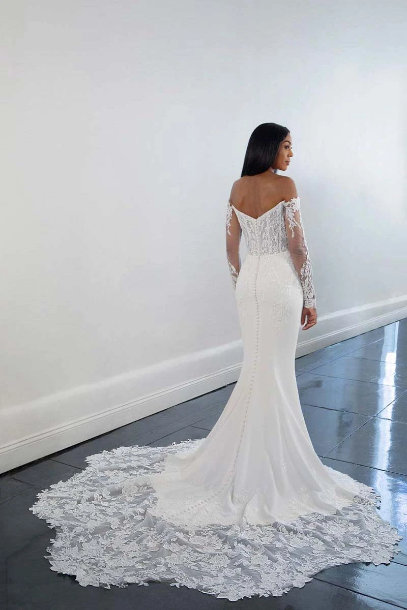 1537 Glamourous Off-the-Shoulder Sheath Lace Wedding Dress with Cutout Train  by Martina Liana
