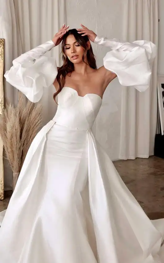 Luxe Modern Silk Fit-and-Flare Wedding Dress with Detachable Off-the-Shoulder Sleeves, 1595, by Martina Liana