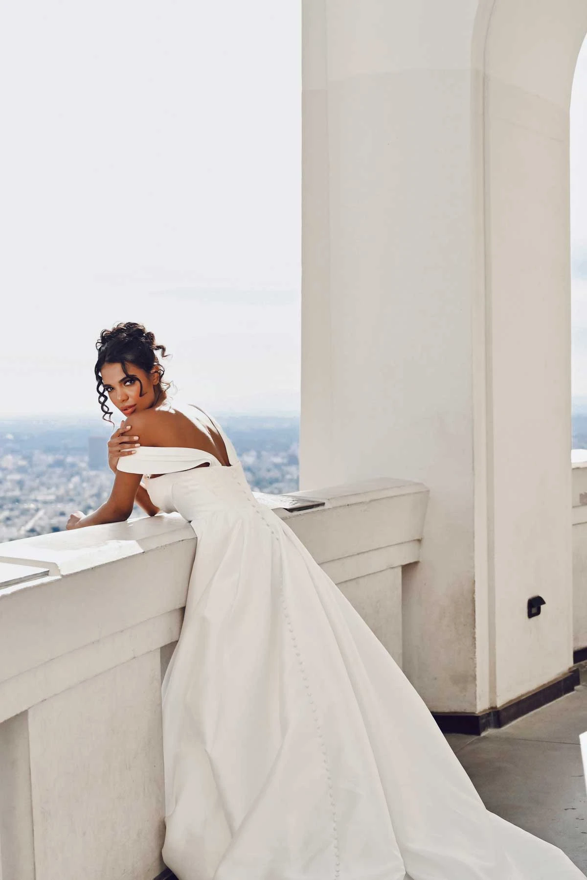 1607 Chic Off-the-Shoulder Silk Ballgown Wedding Dress with Long Train  by Martina Liana