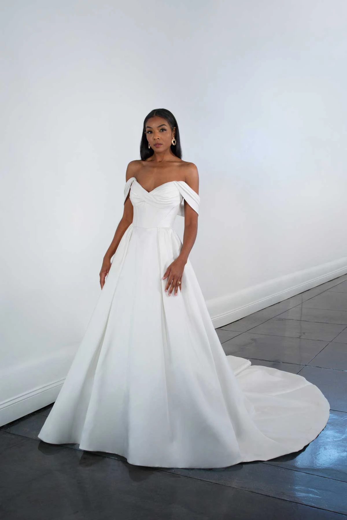 1607 Chic Off-the-Shoulder Silk Ballgown Wedding Dress with Long Train  by Martina Liana