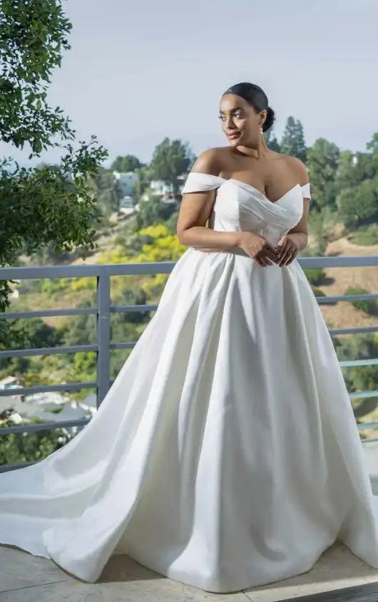 Chic Plus Size Off-the-Shoulder Silk Ballgown Wedding Dress with Long Train, 1607+, by Martina Liana
