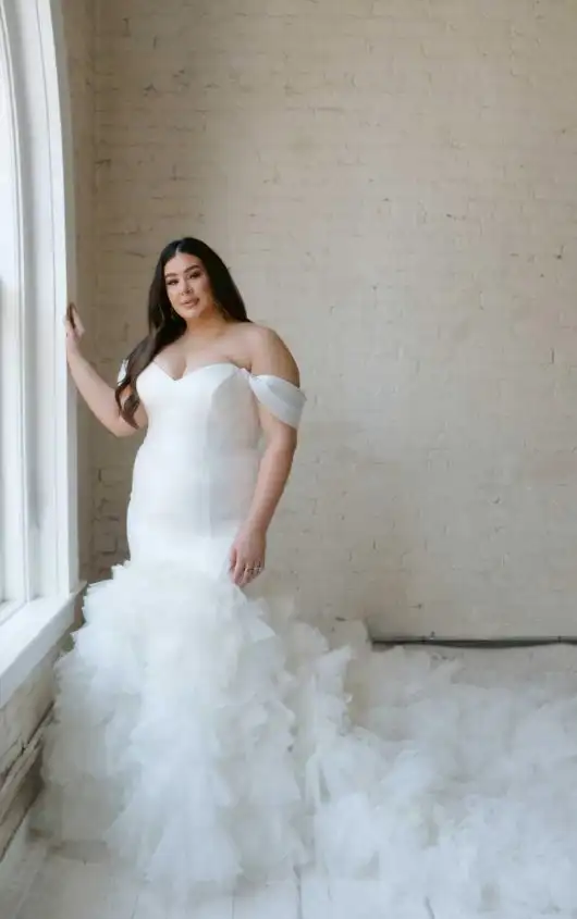 Glamorous Silk and Tulle Fit-and-Flare Plus Size Wedding Dress with Super Long Train, 1611+, by Martina Liana