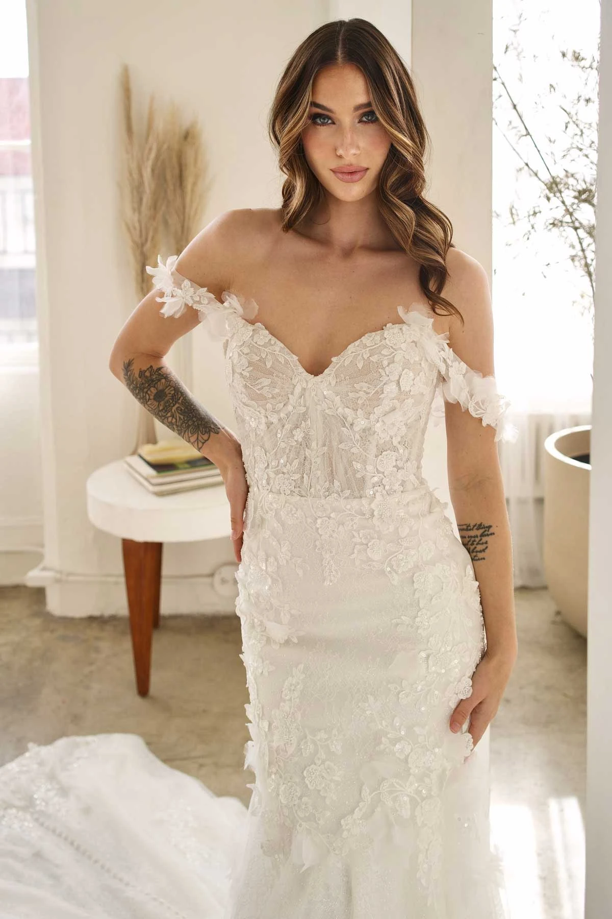 1612 Sexy Sparkle Lace Fit-and-Flare Wedding Dress with Off-the-Shoulder Straps  by Martina Liana