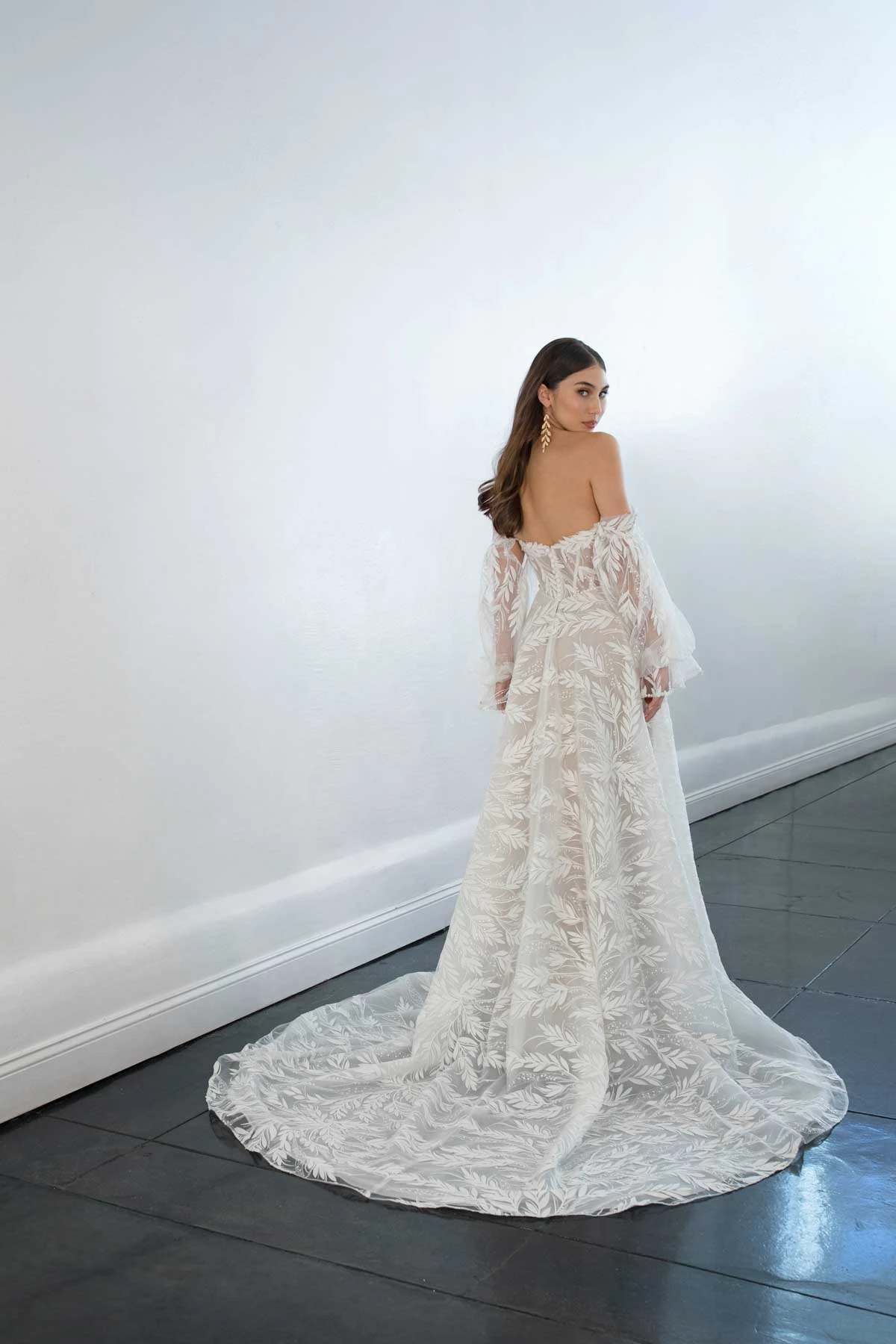 1633 Fashion-Forward Leaf Lace A-Line Wedding Dress with Off-the-Shoulder Blouson Sleeves  by Martina Liana