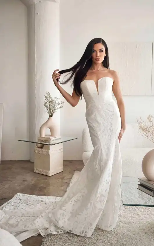 Sophisticated Matte Lace Strapless Fit-and-Flare Wedding Dress with Plunging Notch Neckline, 1645, by Martina Liana