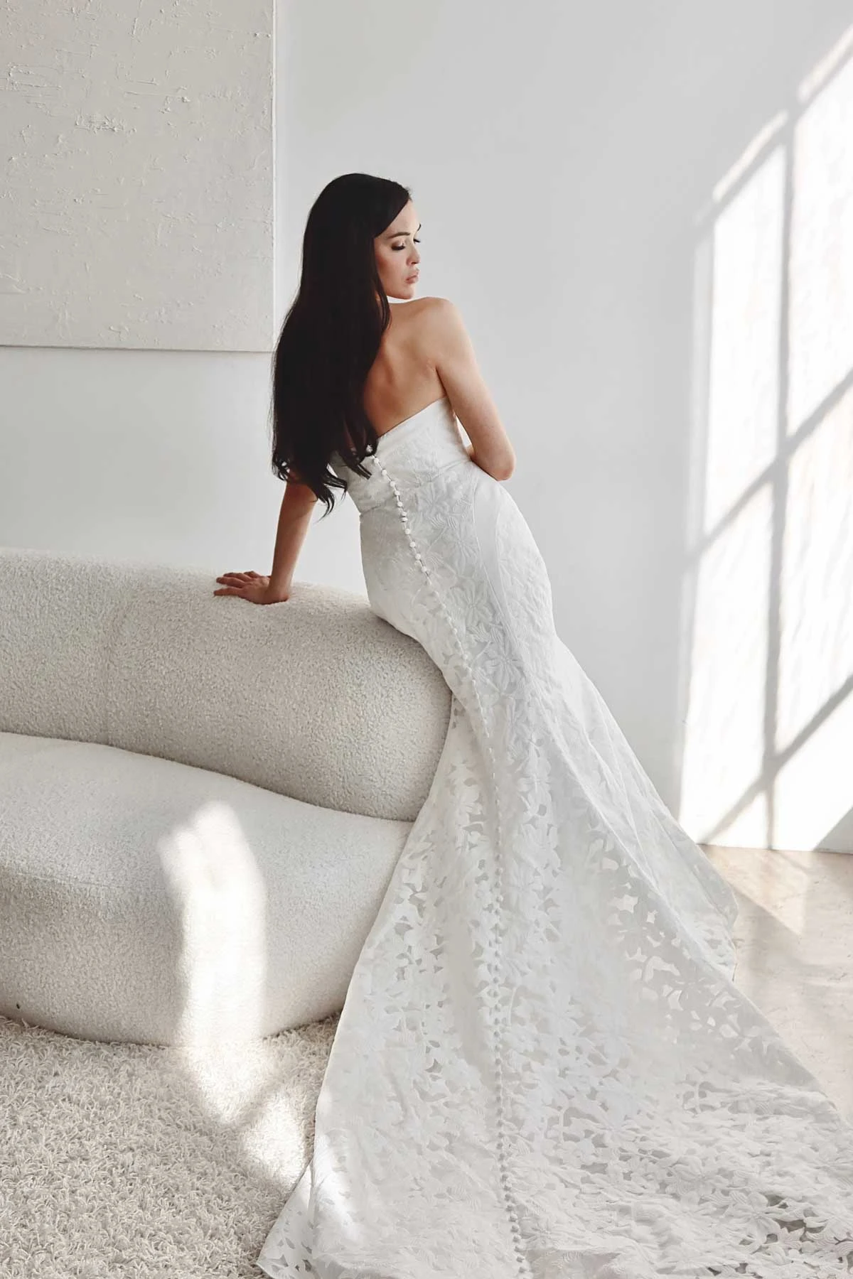 1645 Sophisticated Matte Lace Strapless Fit-and-Flare Wedding Dress with Plunging Notch Neckline  by Martina Liana