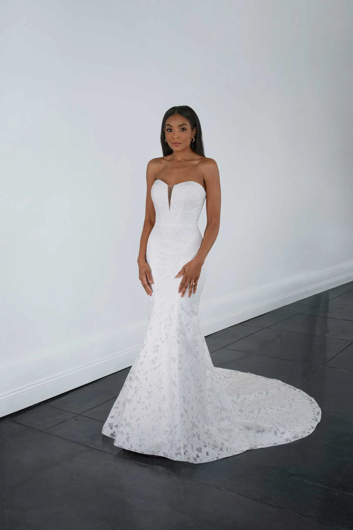 1645 Sophisticated Matte Lace Strapless Fit-and-Flare Wedding Dress with Plunging Notch Neckline  by Martina Liana