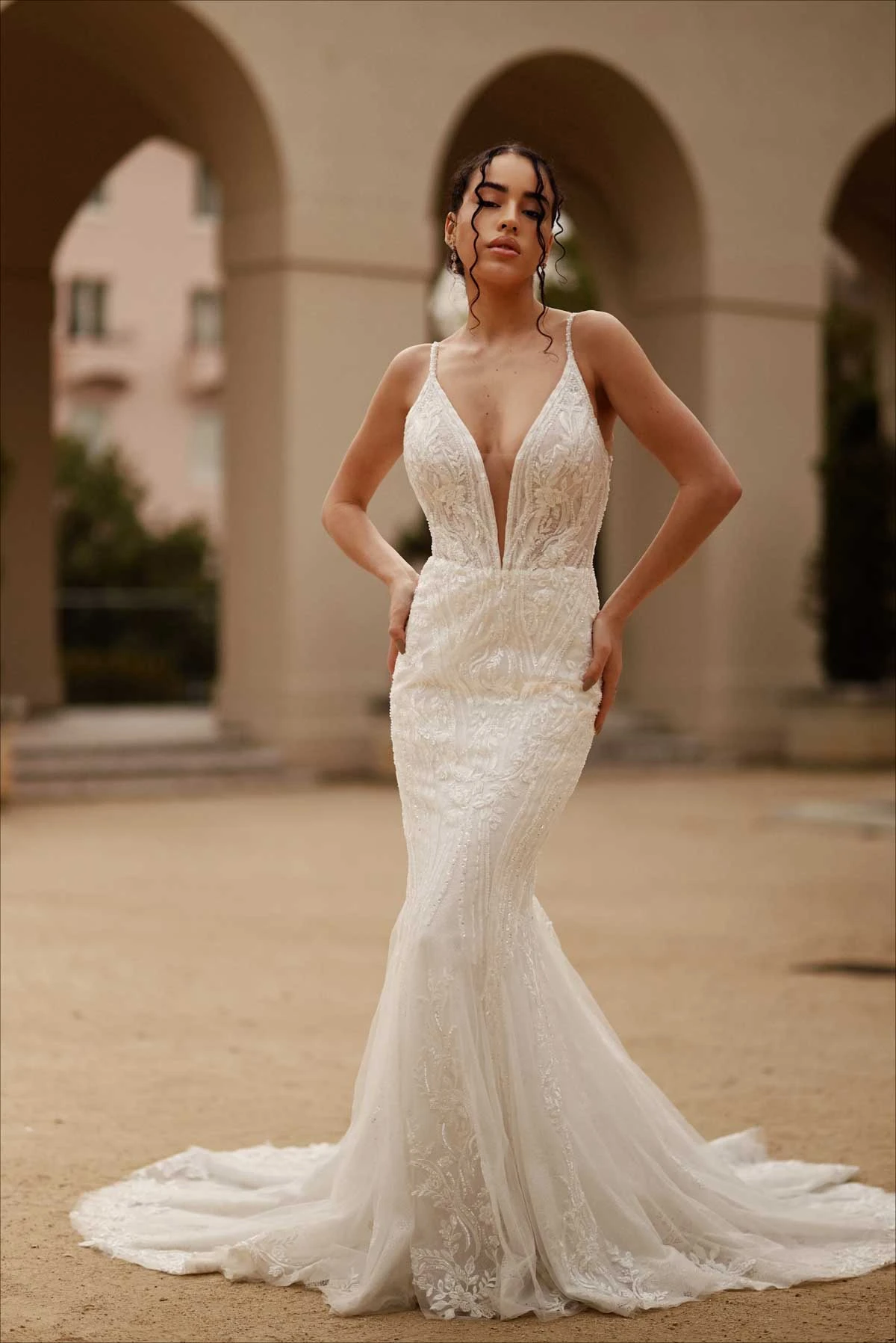1651 Sparkling Beaded Lace Fit-and-Flare Wedding Dress with Plunging Neckline and Spaghetti Straps  by Martina Liana