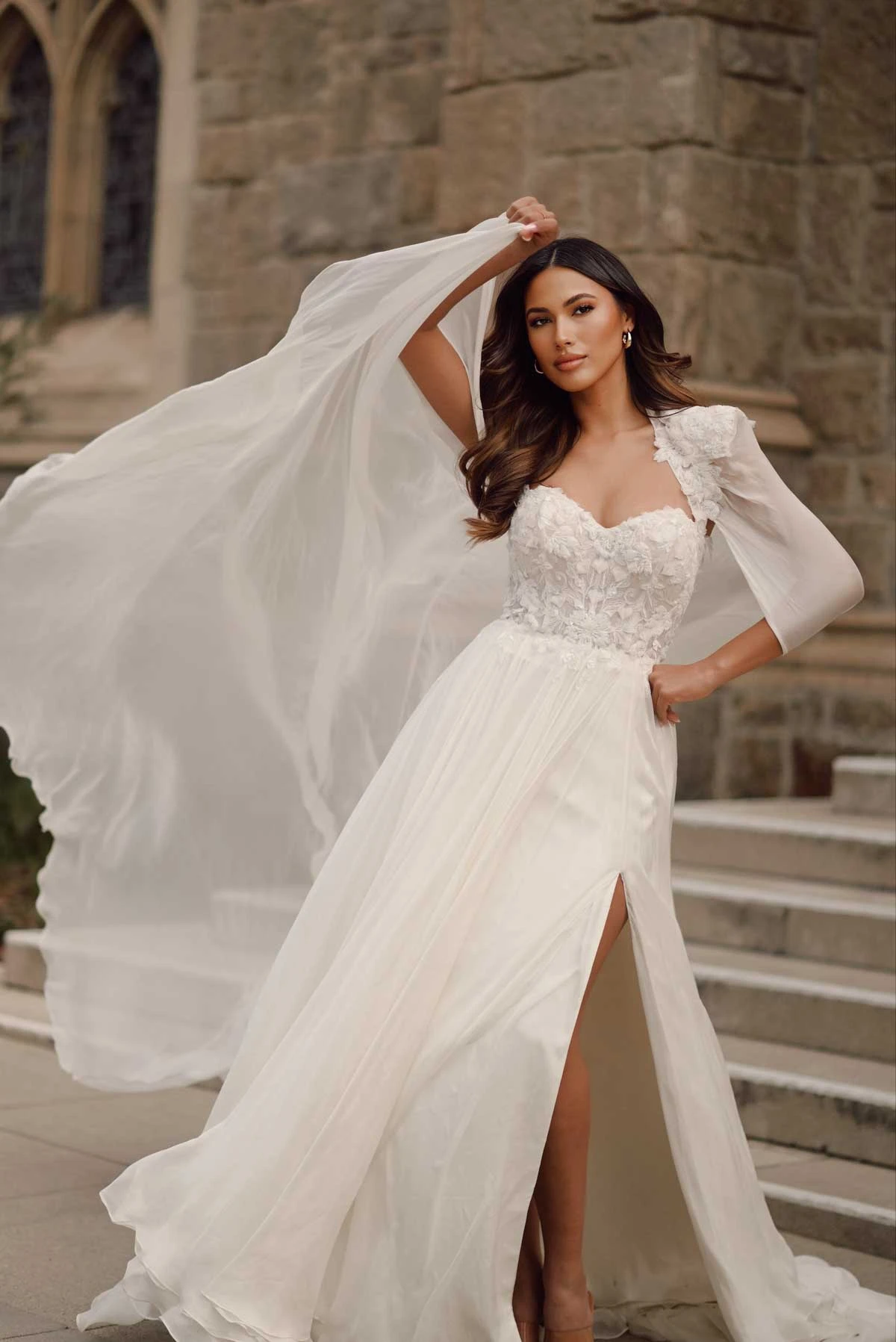 1669 Romantic Silk Strapless A-Line Wedding Dress with 3D Florals and Detachable Bridal Cape  by Martina Liana