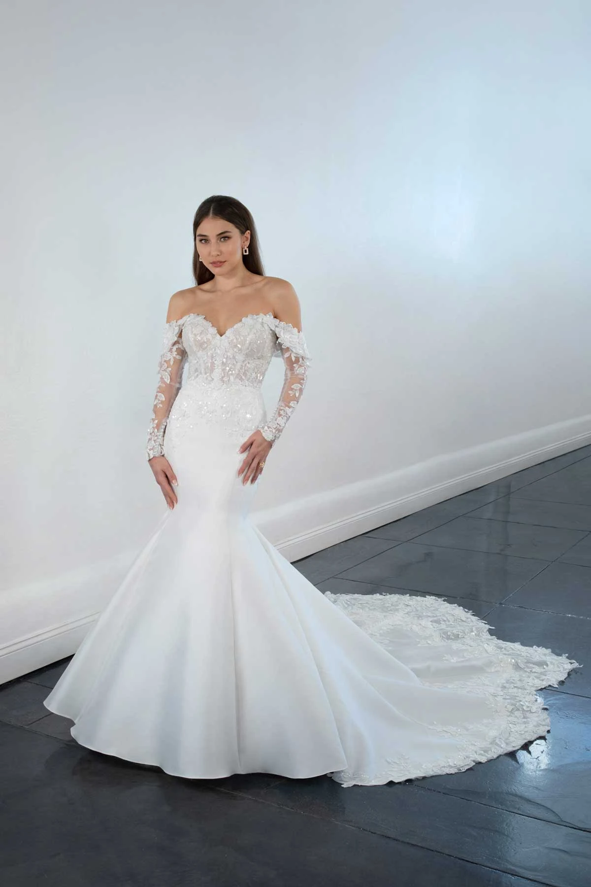 1679 Sexy Silk and Lace Fit-and-Flare Wedding Dress with Sweetheart Neckline and Off-the-Shoulder Straps  by Martina Liana