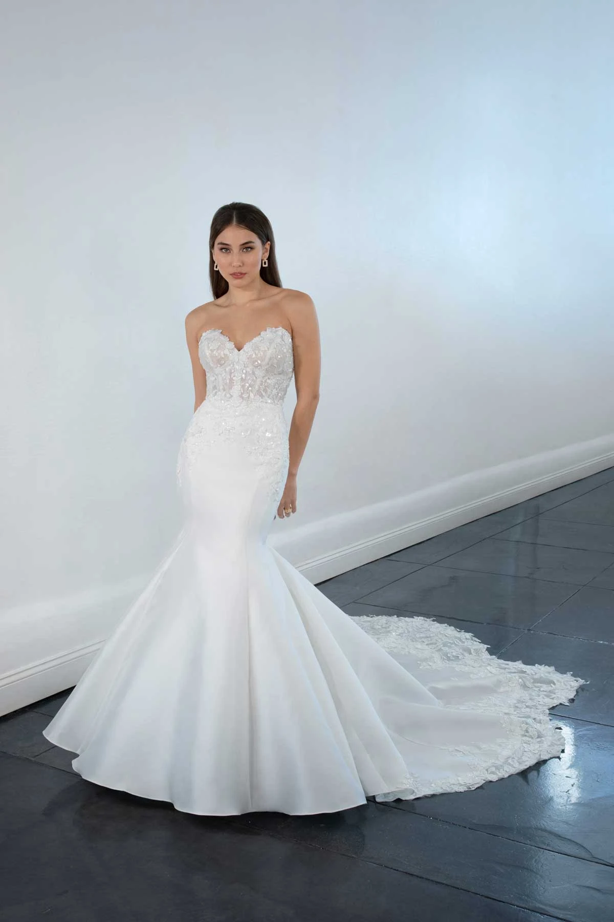 1679 Sexy Silk and Lace Fit-and-Flare Wedding Dress with Sweetheart Neckline and Off-the-Shoulder Straps  by Martina Liana