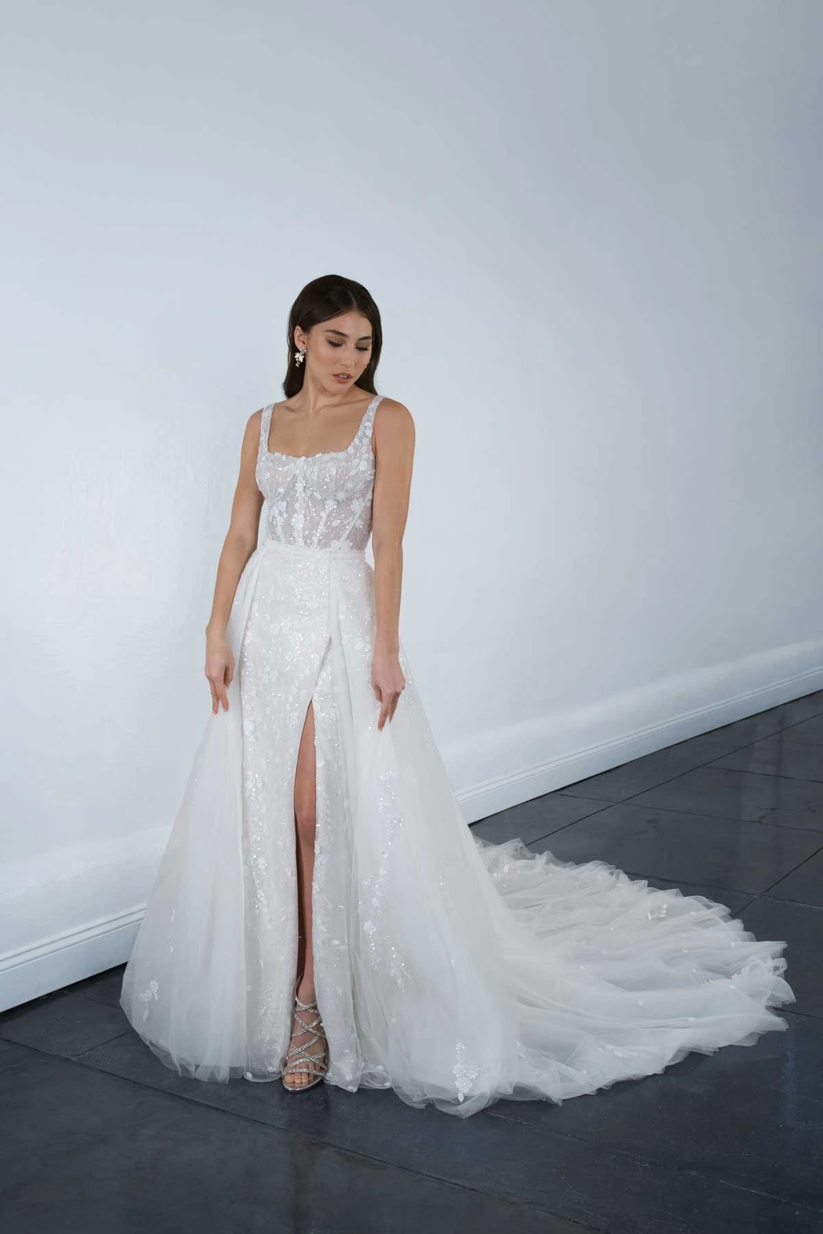 1684 Modern Romantic Floral Wedding Dress with Detachable Lace Overskirt  by Martina Liana