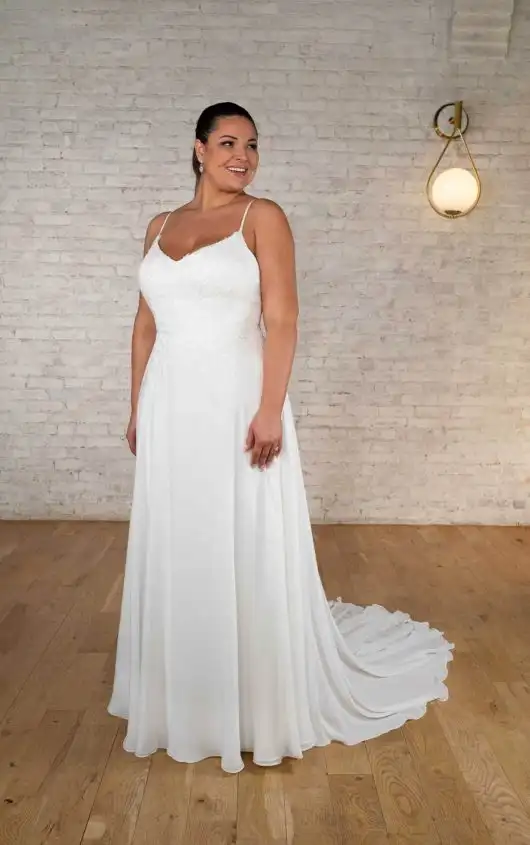 Simple A-Line Chiffon Plus Size Spaghetti Strap Wedding Dress with Sheer Back Detail, 7638+, by Stella York