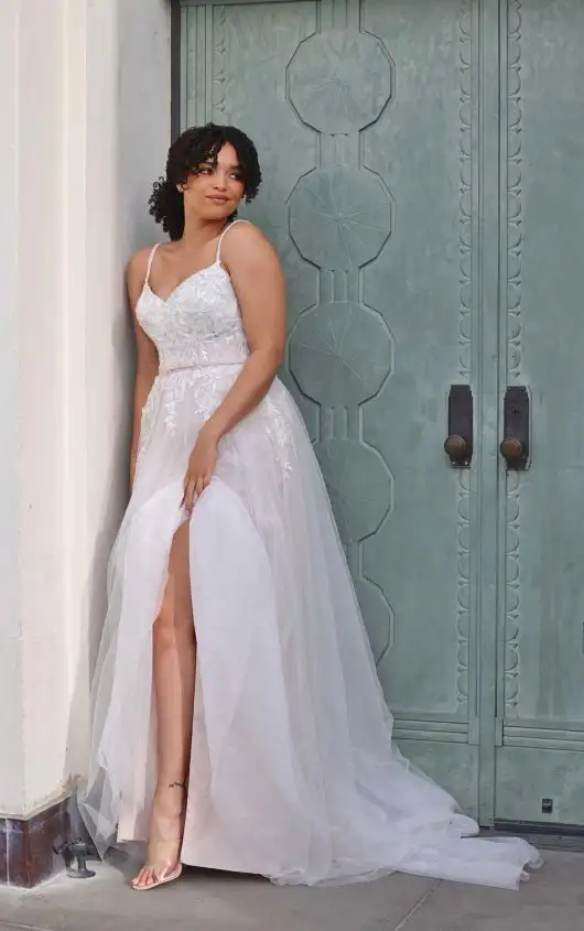 Sparkling Romantic Lace A-Line Wedding Dress with Spaghetti Straps, 7667, by Stella York