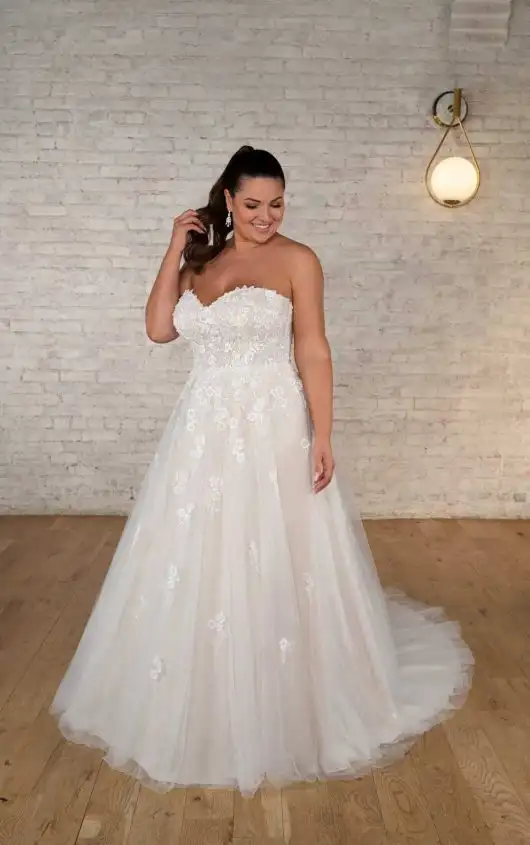 Strapless Floral A-Line Plus Size Wedding Dress with Romantic Tulle Skirt, 7673+, by Stella York