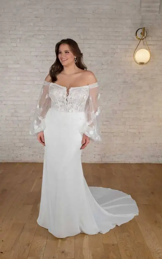 Modern Boho Plus Size Long Sleeve Wedding Dress with Plunging Neckline, 7675+, by Stella York