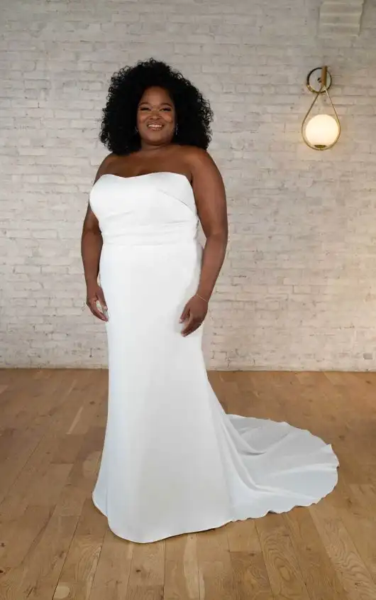 Luxurious Strapless Plus Size Satin Wedding Dress with Cathedral Train, 7681+, by Stella York