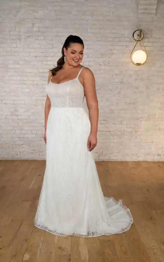 Sparkling Sequin Plus Size Designer Wedding Dress with Spaghetti Straps, 7686+, by Stella York