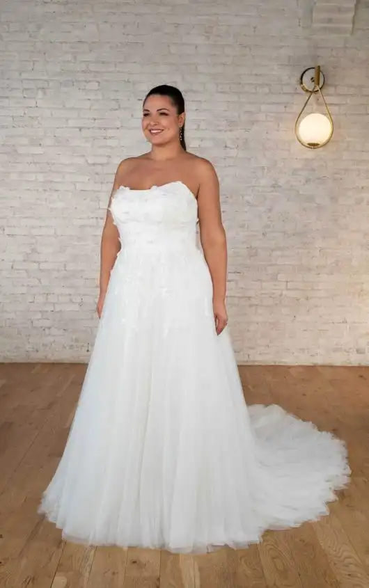 Elegant Strapless Tulle Plus Size A-Line Wedding Dress with 3D Floral Accents, 7702+, by Stella York