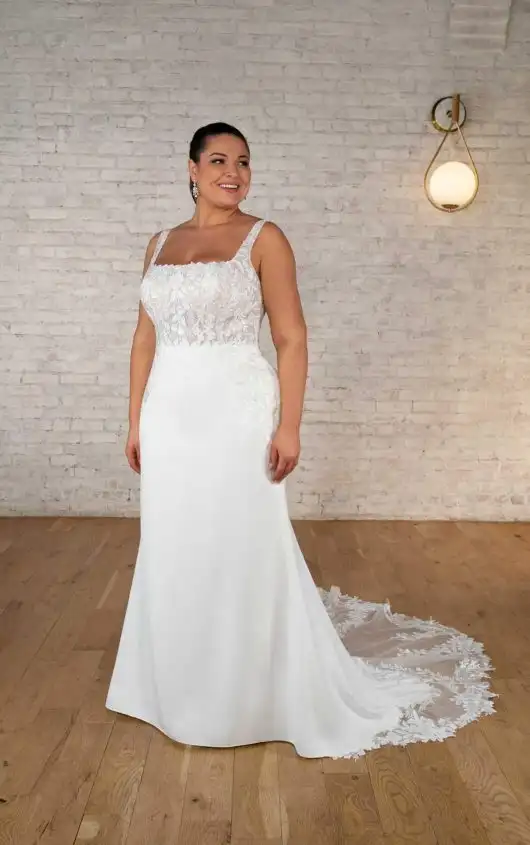Floral Lace Column Plus Size Wedding Dress with Square Neckline and Cutout Train, 7715+, by Stella York