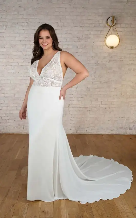 Sexy Summer Sheath Plus Size Wedding Dress with Graphic Matte Lace, 7717+, by Stella York