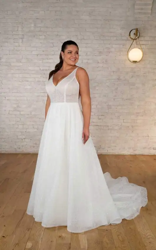 Sparkling Plus Size Lace A-Line Wedding Dress with Plunging V-Neckline, 7718+, by Stella York