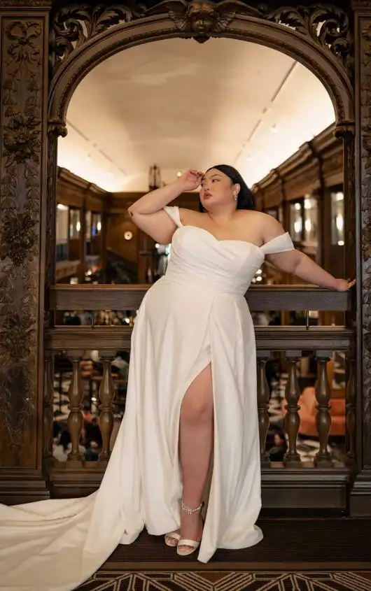 Luxe Satin Plus Size A-Line Wedding Dress with Off-the-Shoulder Straps Sweetheart Neckline, 7749+, by Stella York