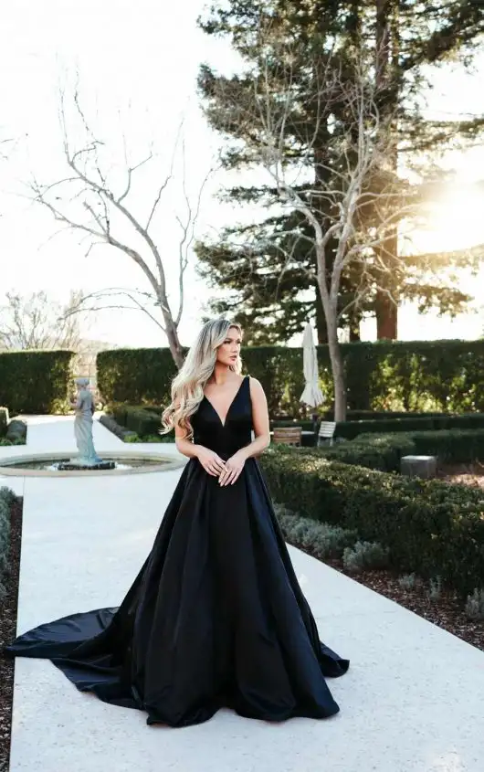 Modern Luxe Black Ballgown Wedding Dress with Deep V-Neckline, 7755BLK, by Stella York