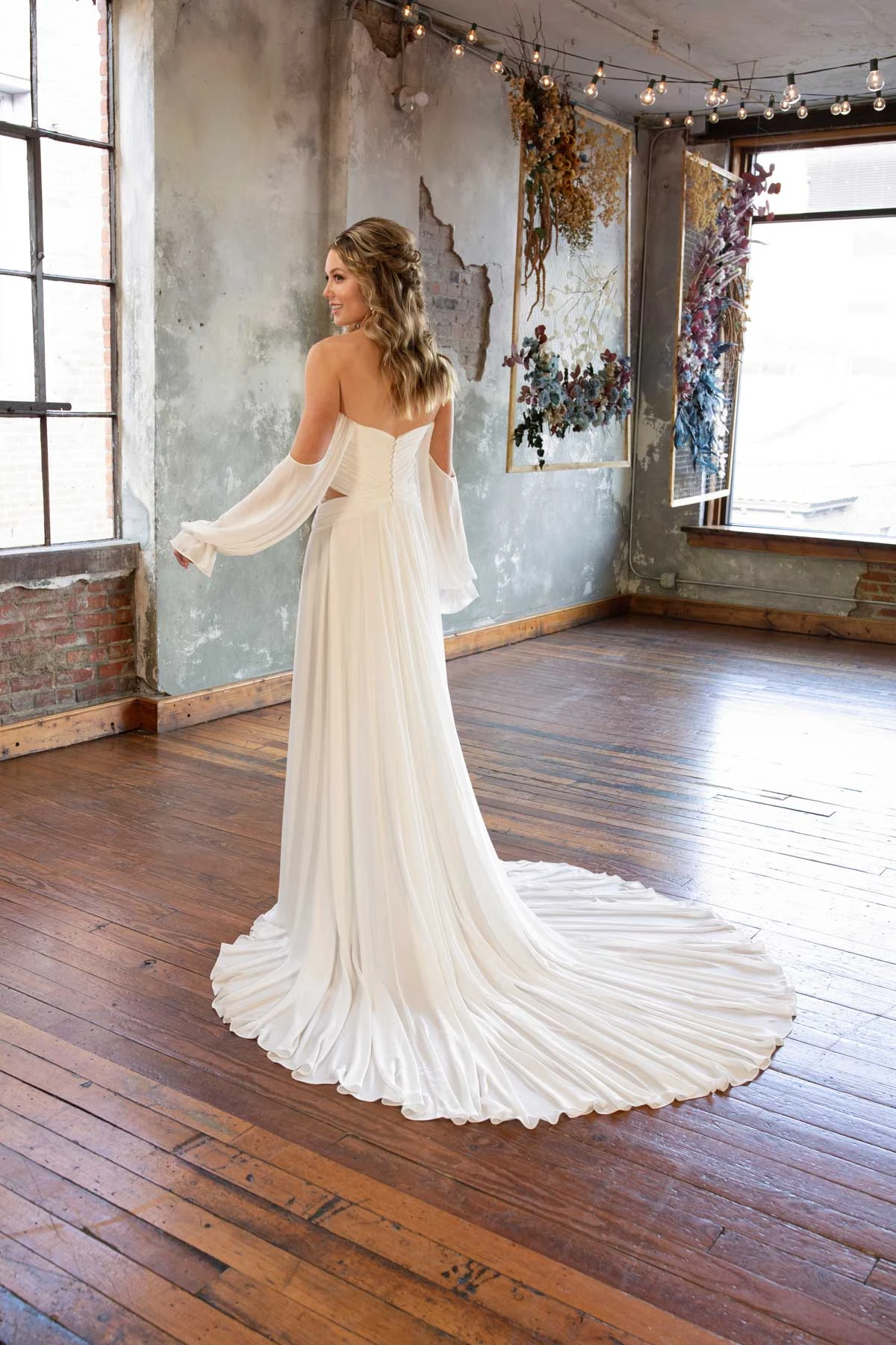 camryn Boho Goddess Chiffon A-Line Wedding Dress with Detachable Long Sleeves  by All Who Wander
