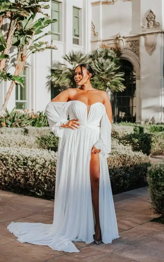 Boho Chiffon Plus-Size A-Line Wedding Dress with Detachable Long Sleeves, Camryn+, by All Who Wander