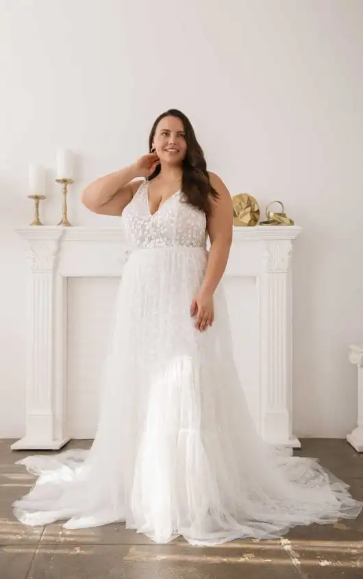 Glamorous Plus Size Column Wedding Dress with Plunging V-Neckline, cece+, by All Who Wander