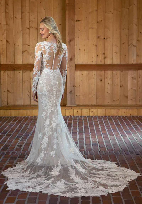 d3673 Timeless Long Sleeve Lace Wedding Dress with Plunging Neckline  by Essense of Australia