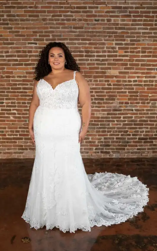 Romantic Floral Lace Fit-and-Flare Plus Size Wedding Dress with Long Train, D3695+, by Essense of Australia