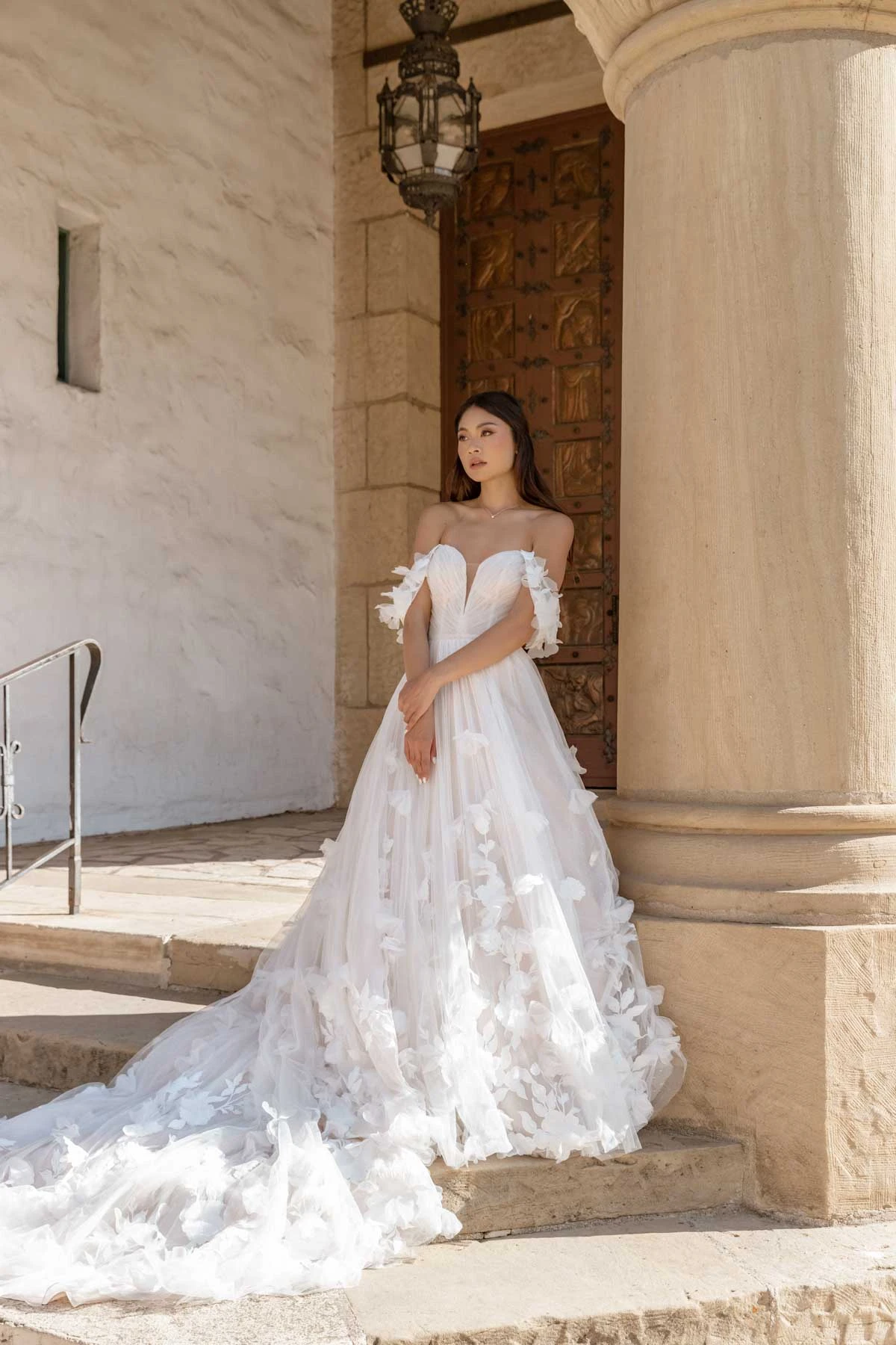 d3734 Whimsical Tulle Ballgown Wedding Dress with 3D Florals and Off-the-Shoulder Straps  by Essense of Australia