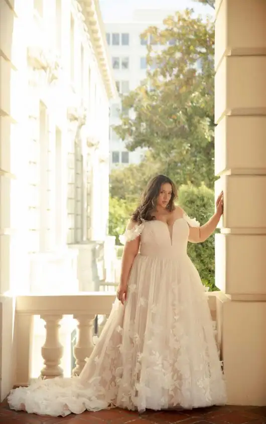 Whimsical Plus Size Tulle Ballgown Wedding Dress with 3D Florals and Off-the-Shoulder Straps, D3734+, by Essense of Australia