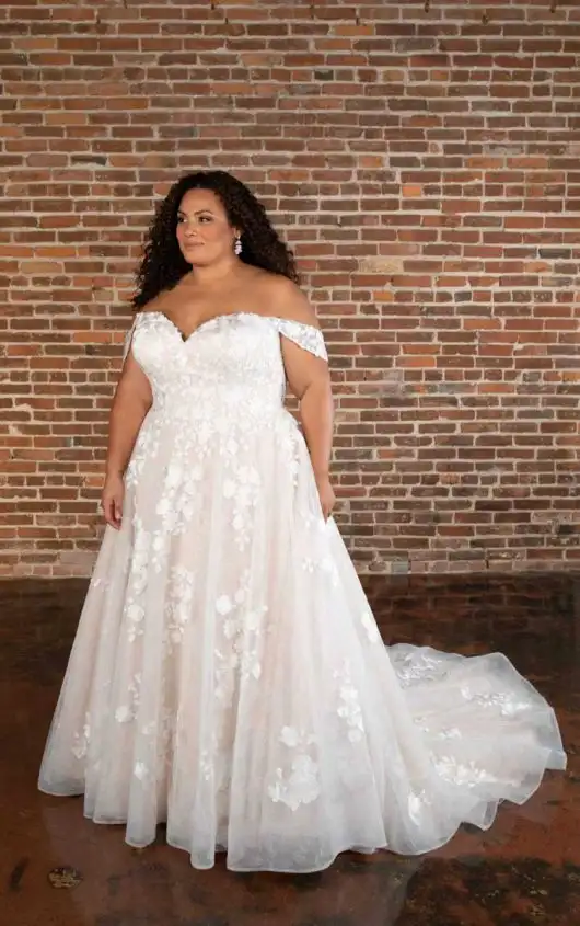 Timeless Plus Size Lace Ballgown Wedding Dress with Off-the-Shoulder Straps, D3738+, by Essense of Australia