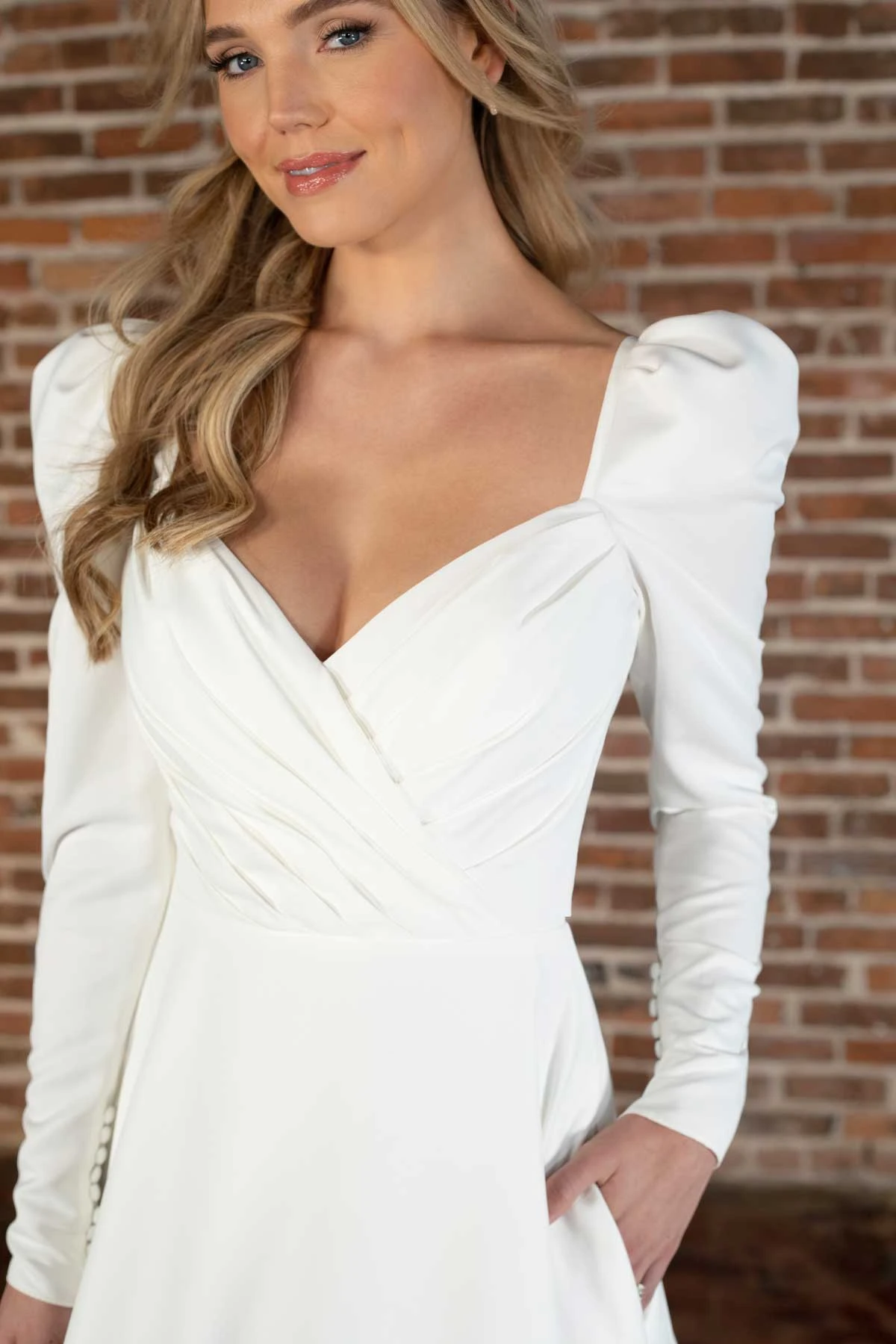 d3752 Chic Long Sleeve A-Line Satin Wedding Dress with Soft V-Neckline  by Essense of Australia
