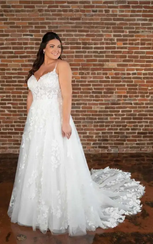 Timeless Plus Size Spaghetti Strap A-Line Wedding Dress in Floral Lace and Tulle, D3771+ , by Essense of Australia