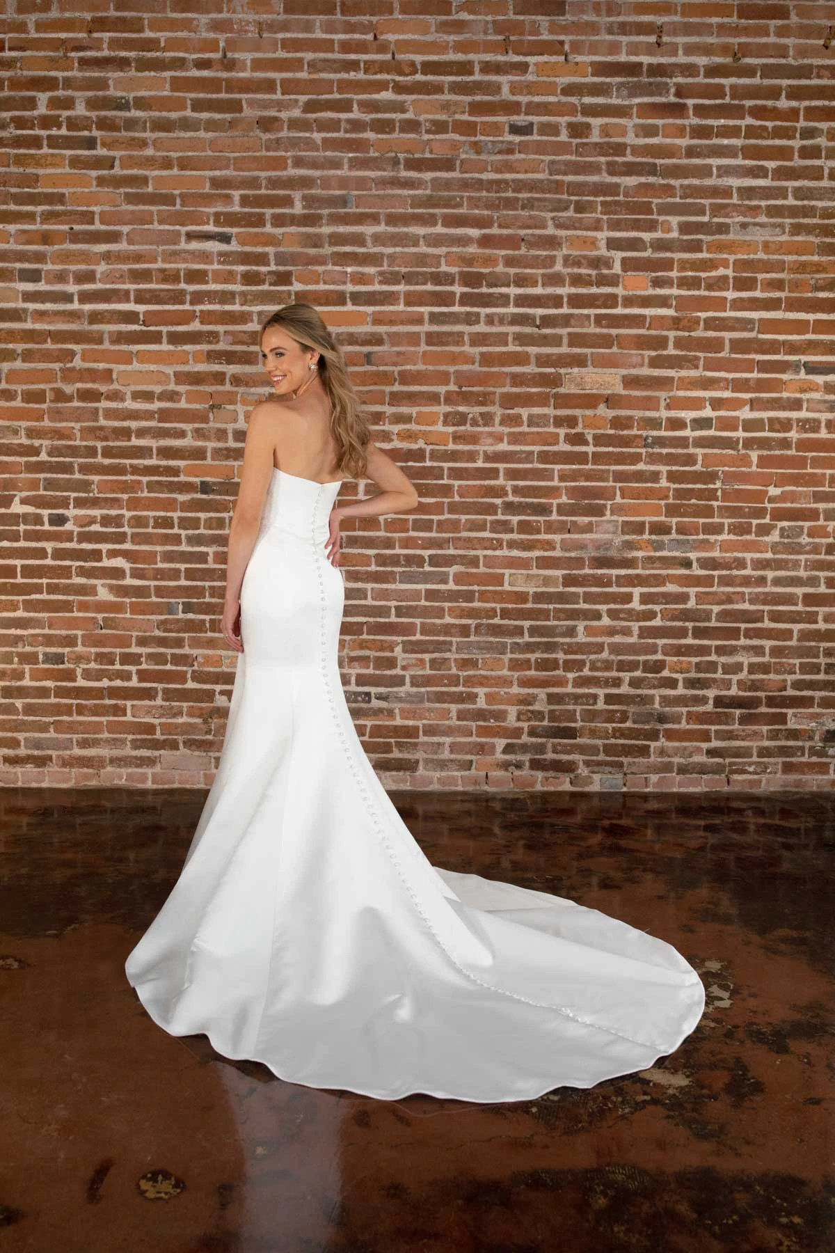 d3780 Simple Strapless Satin Fit-and-Flare Wedding Dress with Long Train  by Essense of Australia