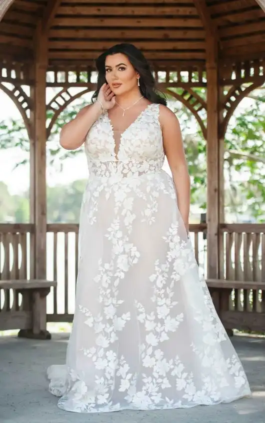 Charming Lace and Tulle Plus Size A-Line Wedding Dress, D3783+, by Essense of Australia