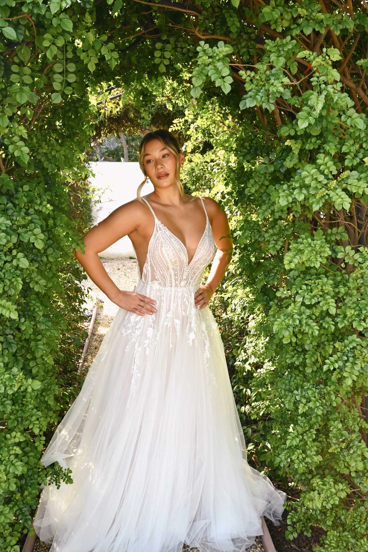 d3799 Sexy Modern A-Line Wedding Dress with Sparkling Graphic Lace Accents  by Essense of Australia