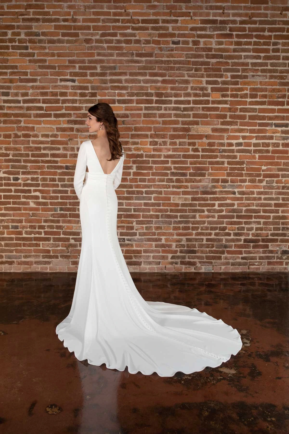 d3802 Sleek Modern Column Wedding Dress with Plunging Notch Neckline and Skirt Split  by Essense of Australia