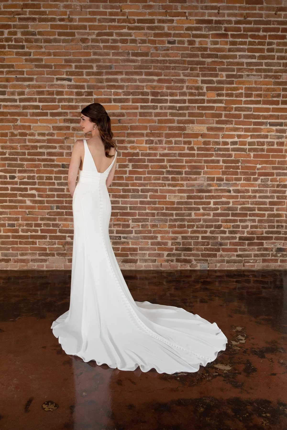 d3802 Sleek Modern Column Wedding Dress with Plunging Notch Neckline and Skirt Split  by Essense of Australia