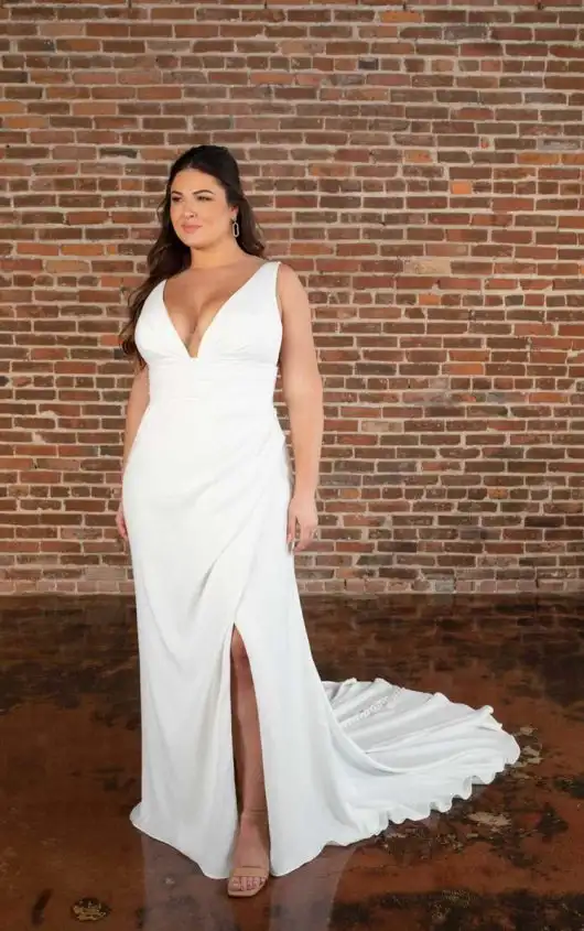 Sleek Modern Plus Size Column Wedding Dress with Plunging Notch Neckline and Skirt Split, D3802+, by Essense of Australia