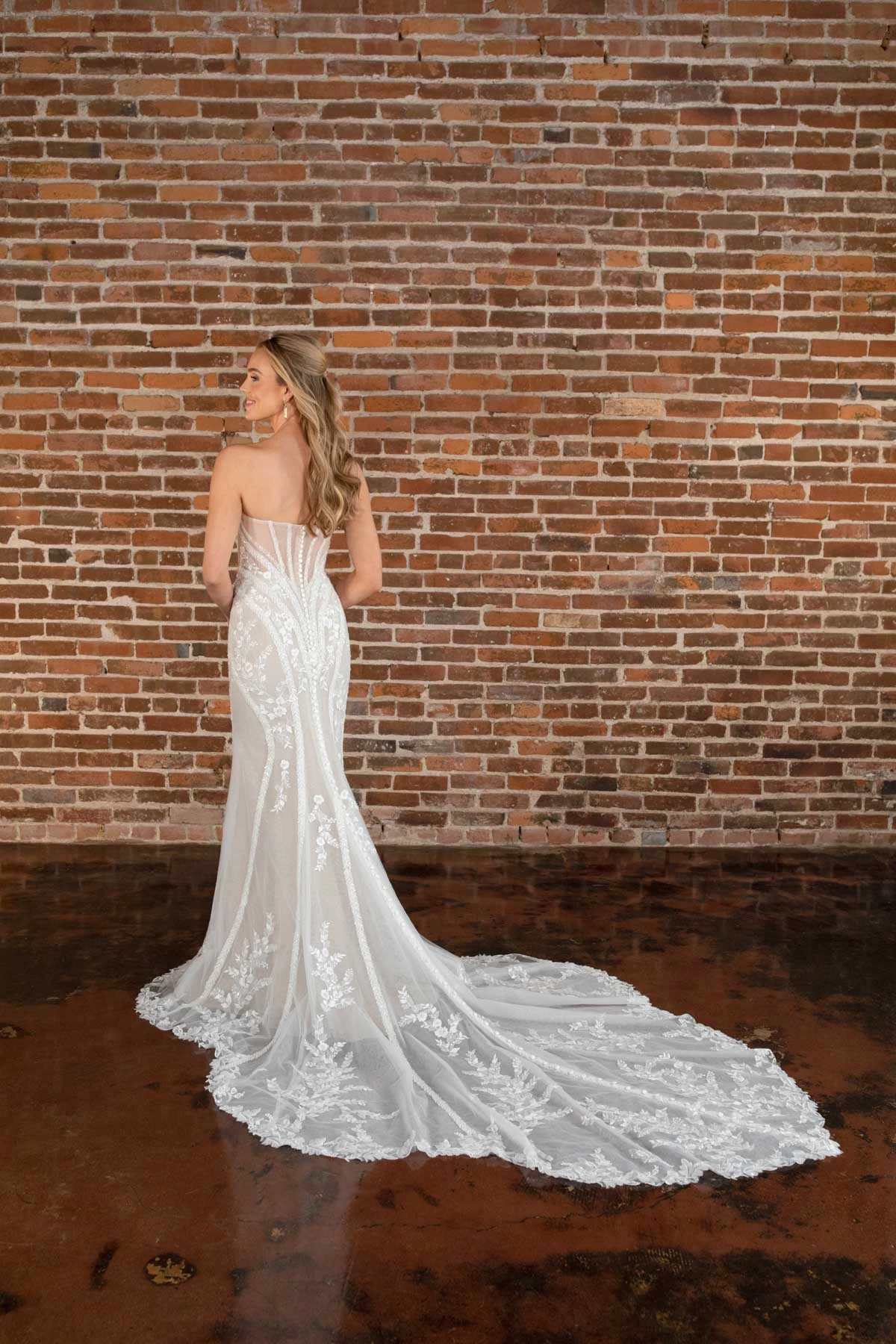 d3838 Sexy Strapless Modern Lace Fit-and-Flare Wedding Dress with Shaped Train  by Essense of Australia