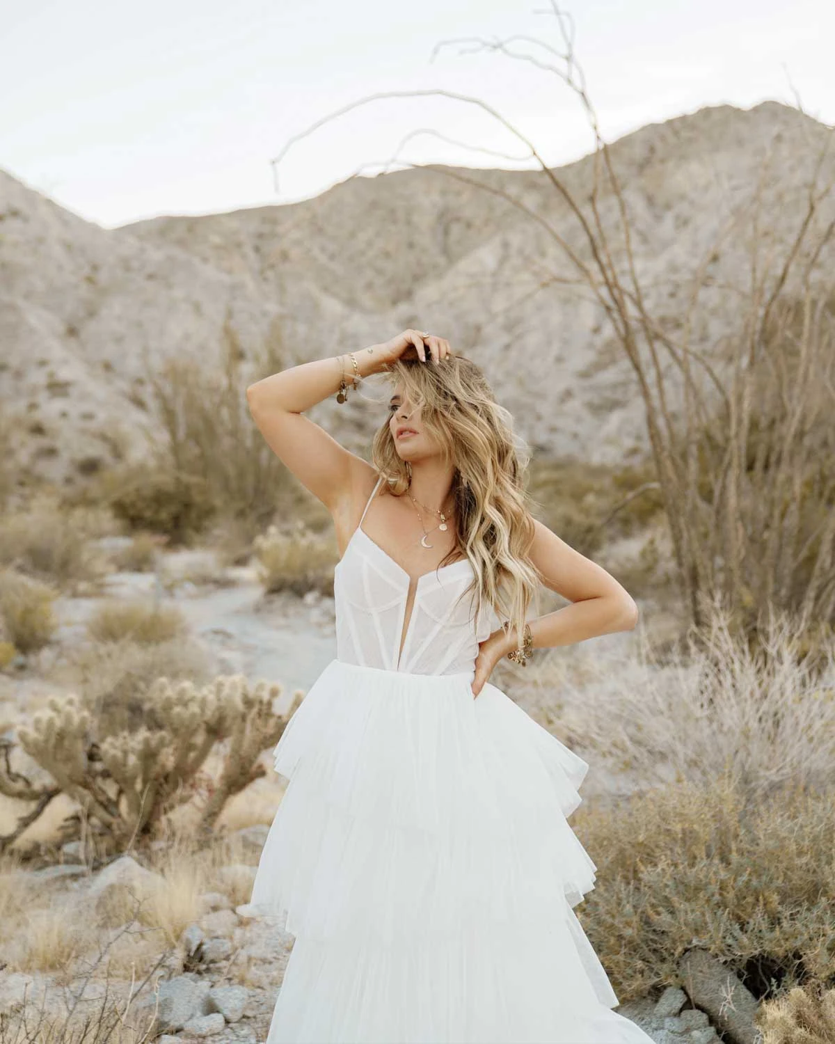 jasper Modern Boho A-Line Wedding Dress with Textured Tiered Tulle Skirt and Train  by All Who Wander
